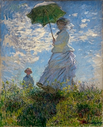 Here is La Promenade, also known as Woman with a Parasol. It was painted in 1875 by Claude Monet. The subjects are his wife and son.